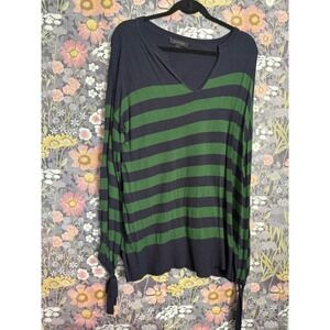 Ann Taylor Striped V Neck Long Sleeve Sweater Size L Navy Green Ribbed Cuffs‎